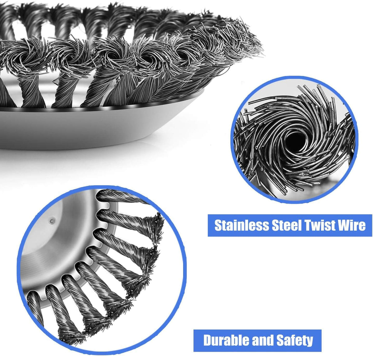 Close-up of stainless steel twist wire on a metal weed wacker head, durable and safe