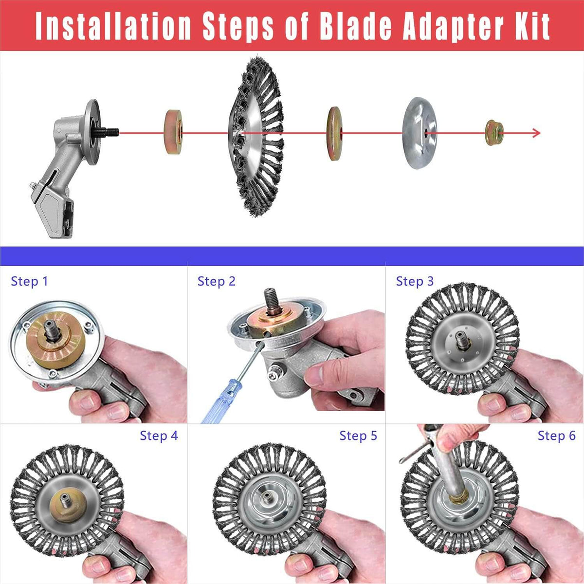 Six-step installation of a wire trimmer head onto a blade adapter kit