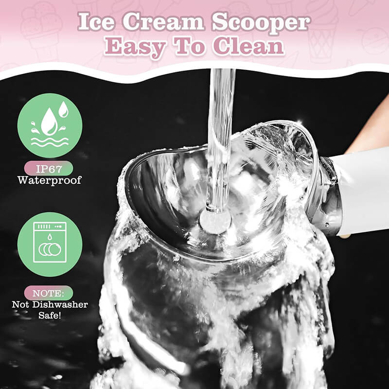 Made of durable food-grade steel stainless and PC, with IP67 waterproof housing for easy cleaning under running water, fully washable without damage as well. The ergonomic handle provides a secure, non-slip grip and stays cool when removing ice. Features a durable battery so you can use it wirelessly anywhere - no cables or disposable batteries required.