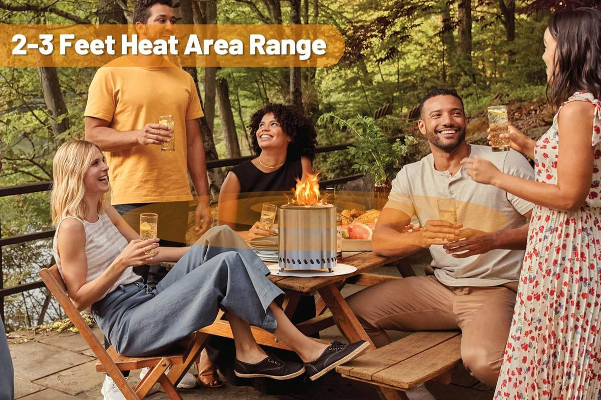 Group of people sitting around a smokeless stainless fire pit on a deck, labeled 2-3 feet heat range