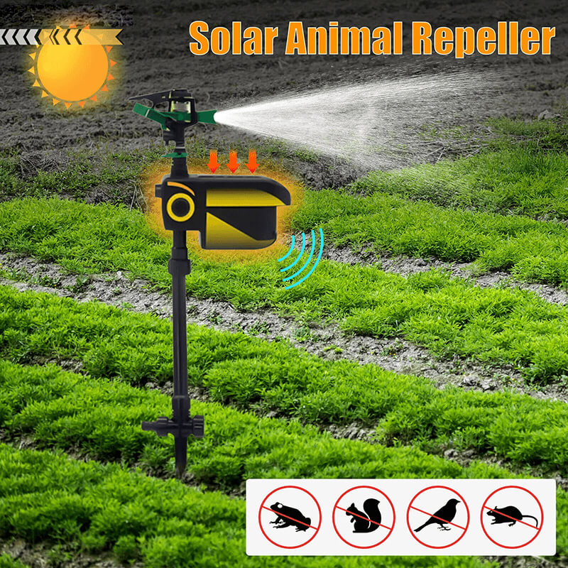 Solar motion-activated sprinkler on a stake spraying a lawn, with crossed-out frog, squirrel, bird and rat icons