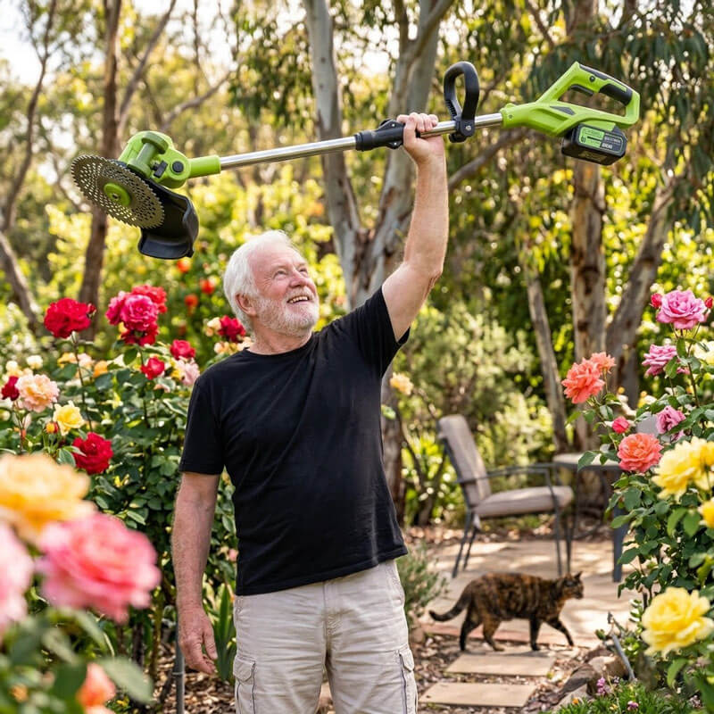 Older man holding a green cordless weed wacker overhead in a rose garden