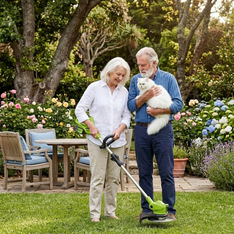 Older woman trimming grass with a green cordless tool while her husband holds a white cat