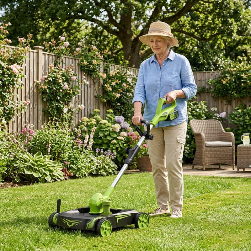 Older woman in a straw hat pushing a green wheeled weed eater across a lawn