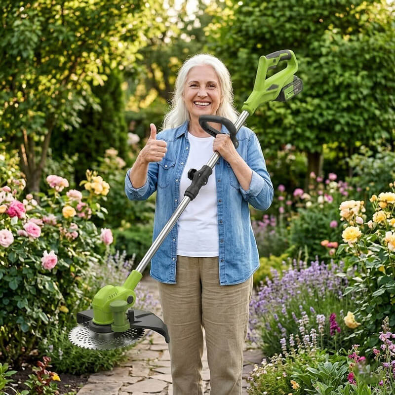 Smiling older woman holding a green cordless weed wacker in a flower garden