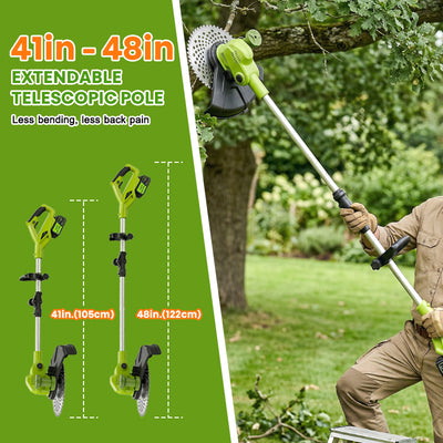Cordless weed wacker can extendable telescopic pole, shown in use and with high tree.