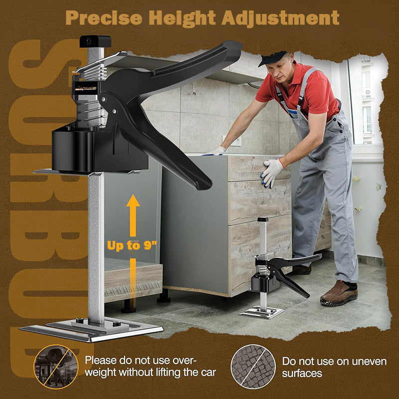 Man uses an arm jack to hold a kitchen cabinet, with height adjustment up to 9 inches