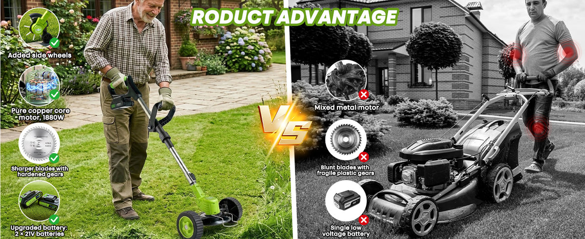 Product advantage panel comparing this trimmer, with side wheels and copper motor, to a gas mower