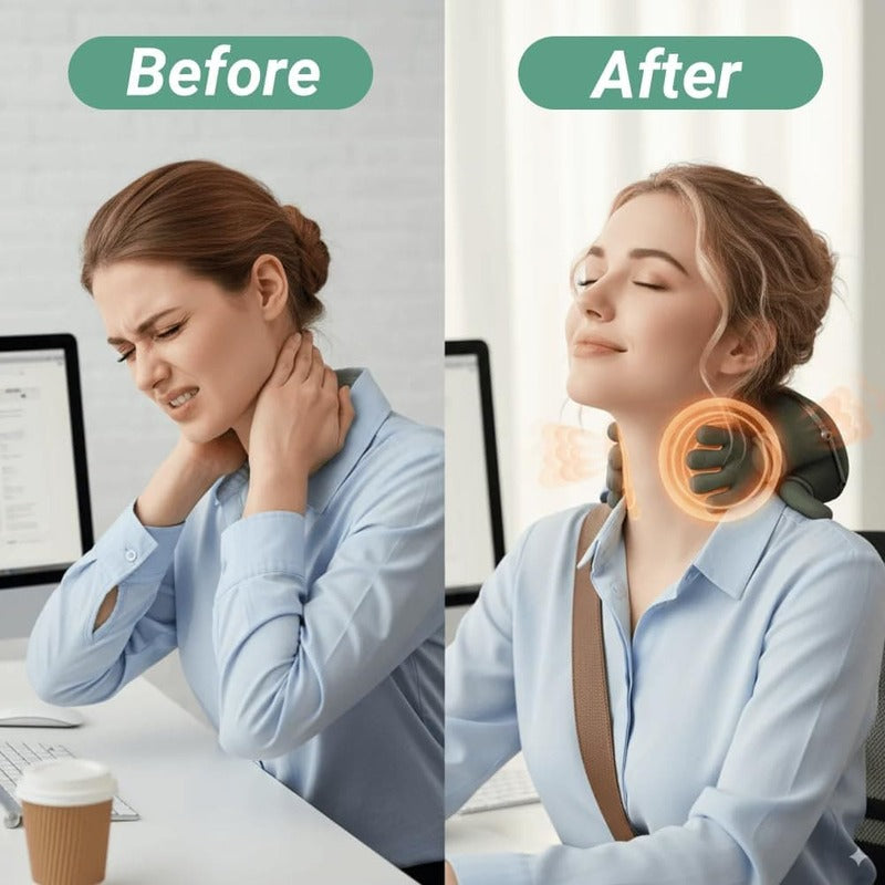 Woman with neck pain at a desk, then relaxed with a green neck massager on her neck