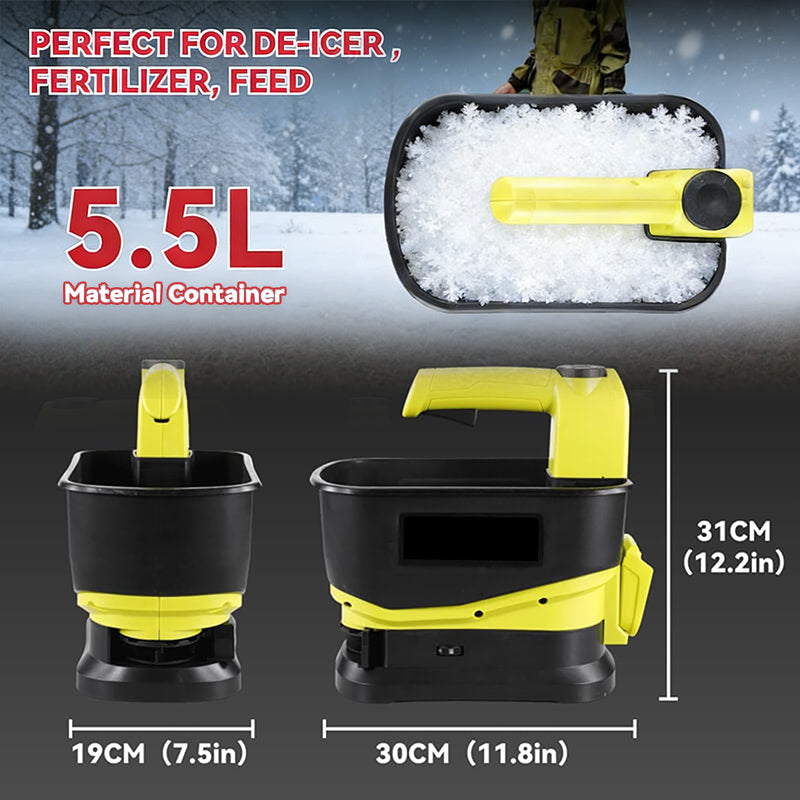 Handheld electric spreader with 5.5L container, 11.8in long and 12.2in tall