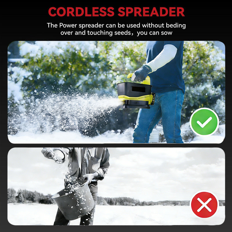 Cordless spreader scattering salt on snow, checked, versus hand-scattering from a bucket, crossed