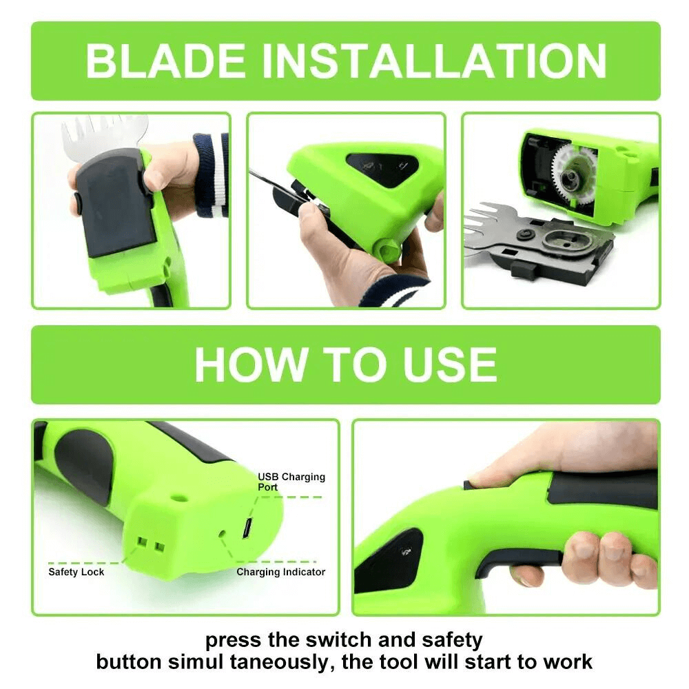 Blade installation and how-to guide: press switch and safety button together to start