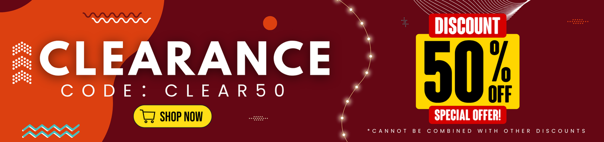 Clearance banner with code CLEAR50 and a 50% off special offer discount badge