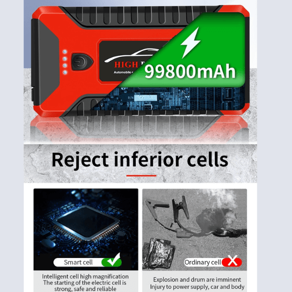 Red jump starter with a smart-cell versus ordinary-cell safety comparison