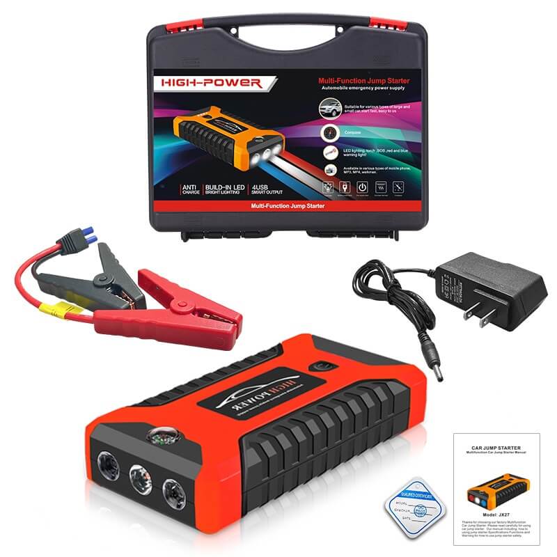 Jump starter set in a carrying case, with clamps, wall charger and user manual