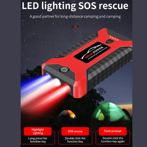 Red jump starter with LED flashlight modes: highlight, SOS rescue and flash prompt
