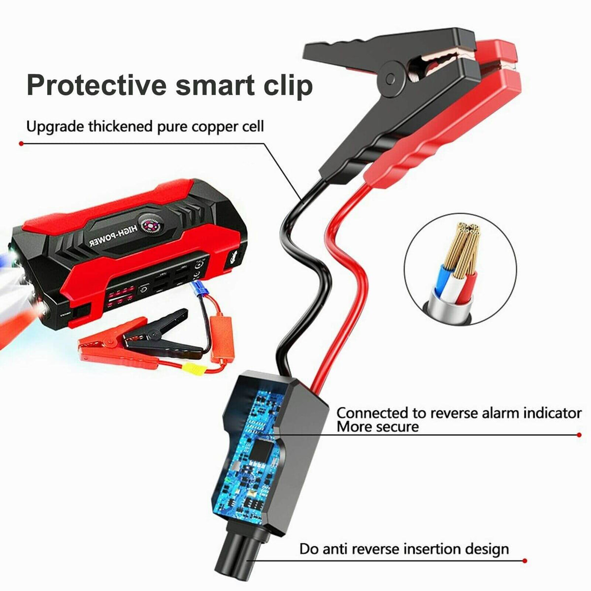 Jump starter clip with thick copper cells, reverse-alarm connection and anti-reverse plug