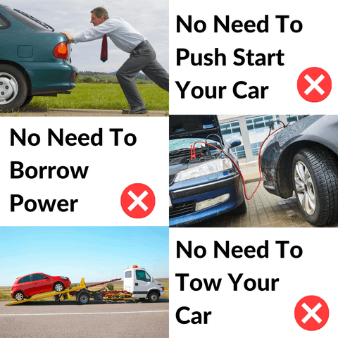Jump starter means no push starting, no borrowing power and no towing a car