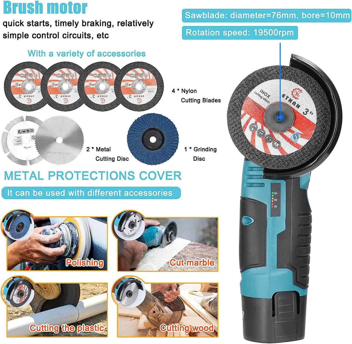 Mini grinder kit with four nylon cutting blades, two metal cutting discs and a grinding disc