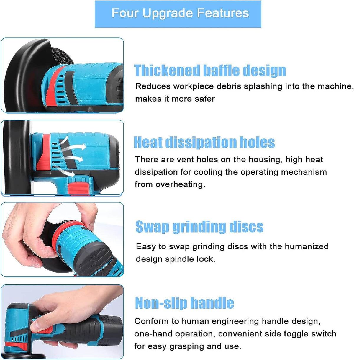Four upgrade features of a mini grinder: thick baffle, heat vent holes, quick disc swap and non-slip handle