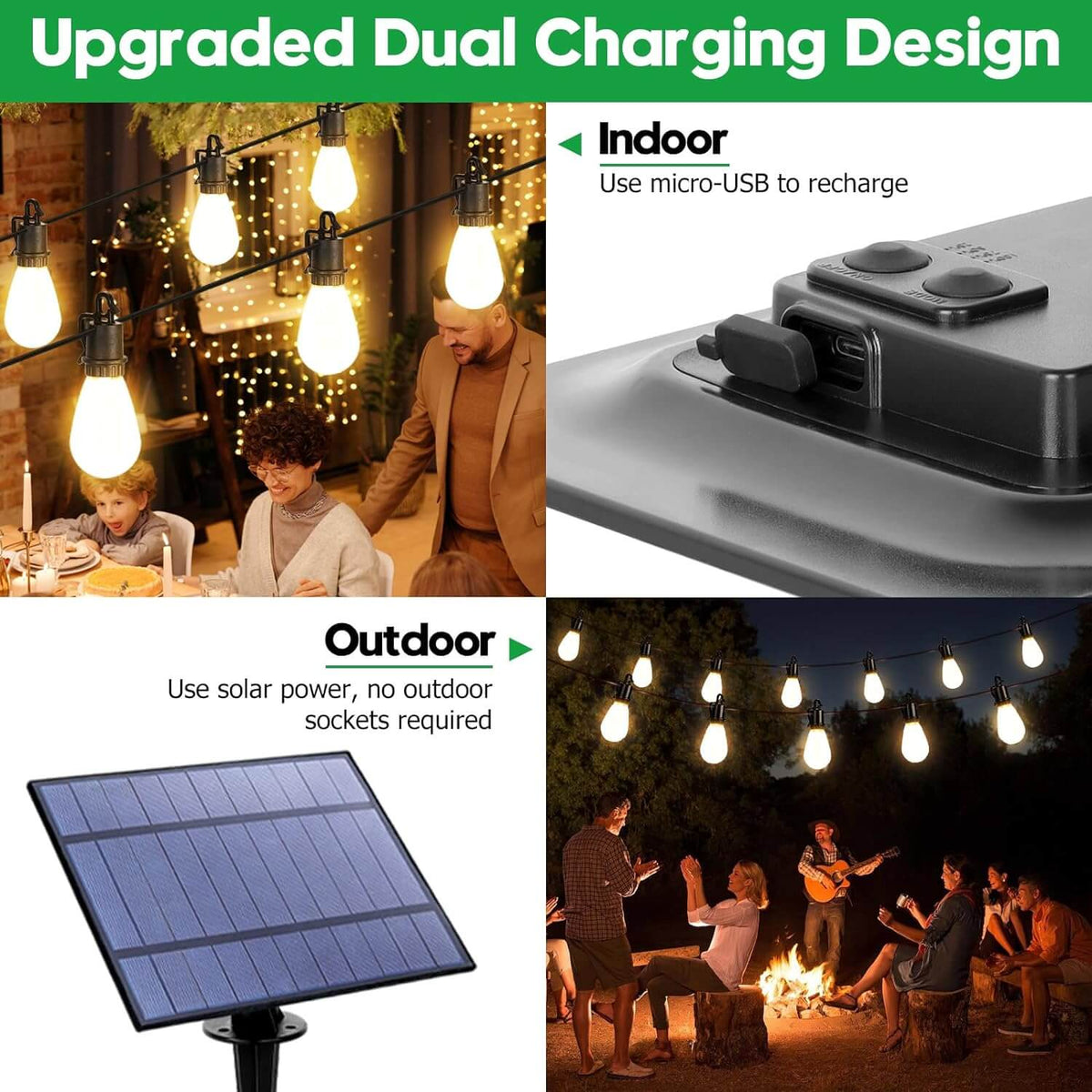 Dual charging: micro-USB for indoor recharging and solar panel for outdoor use