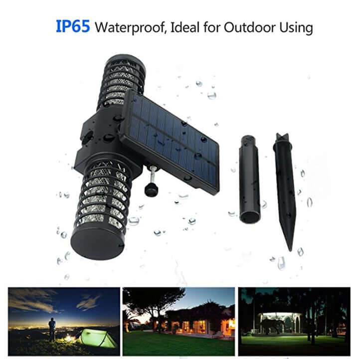 Solar mosquito lamp with ground stake, labeled IP65 waterproof for outdoor use