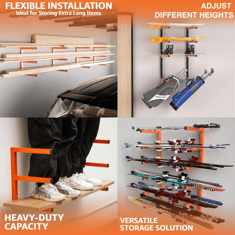Orange wall rack storing lumber, golf bags, skis and shoes in four uses
